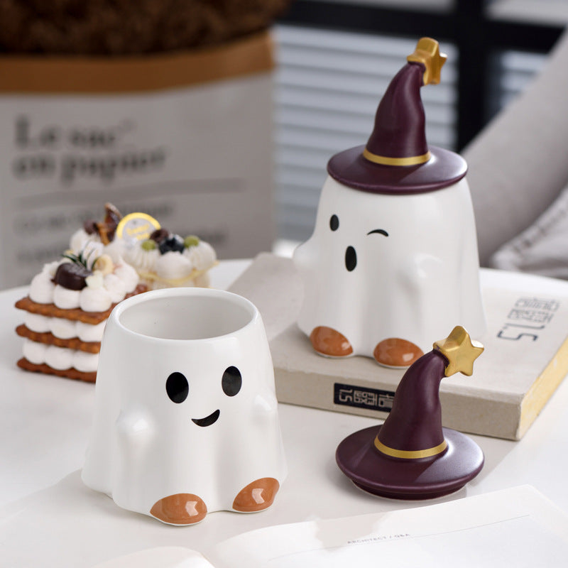Ghost Ceramic Mug with Wizard Hat Lid