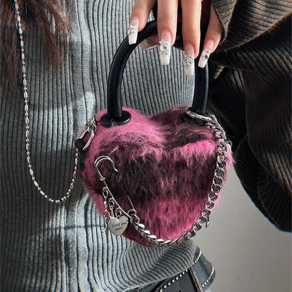 Fuzzy Heart Lock Chain Bag