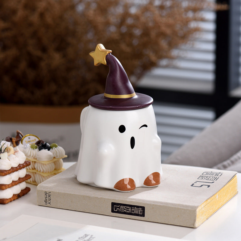 Cute Ghost Ceramic Mug with Wizard Hat Lid