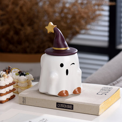 Cute Ghost Ceramic Mug with Wizard Hat Lid