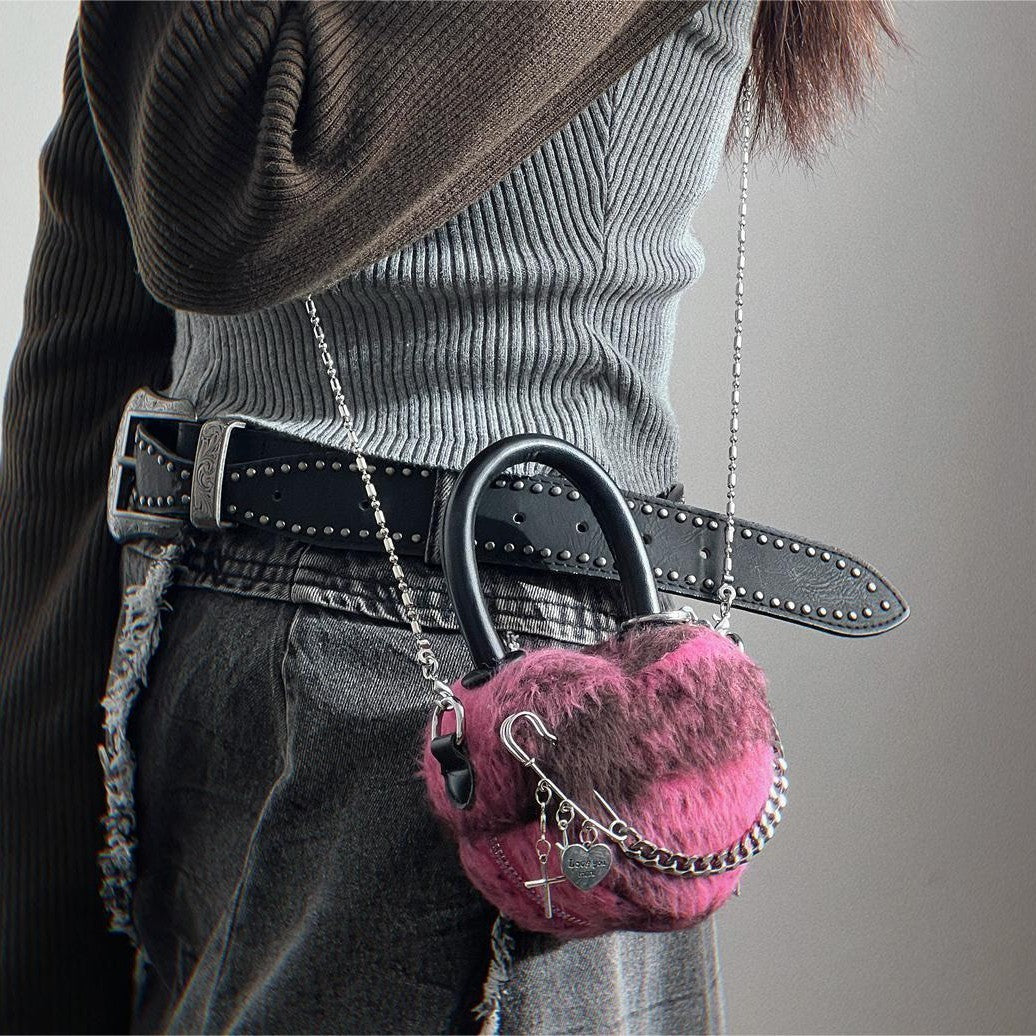Fuzzy Heart Lock Chain Bag