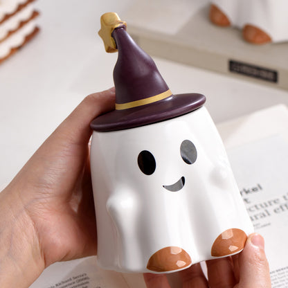 Cute Ghost Ceramic Mug with Wizard Hat Lid