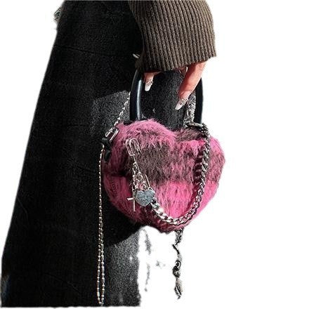 Fuzzy Heart Lock Chain Bag