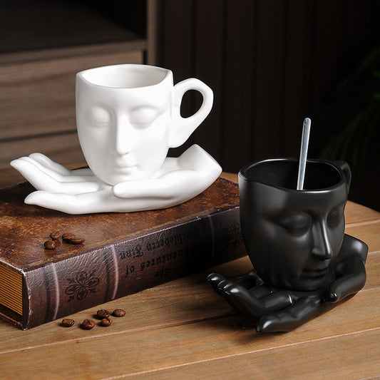Face in Hand Ceramic Coffee Cup Set