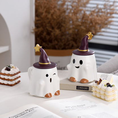 Cute Ghost Ceramic Mug with Wizard Hat Lid