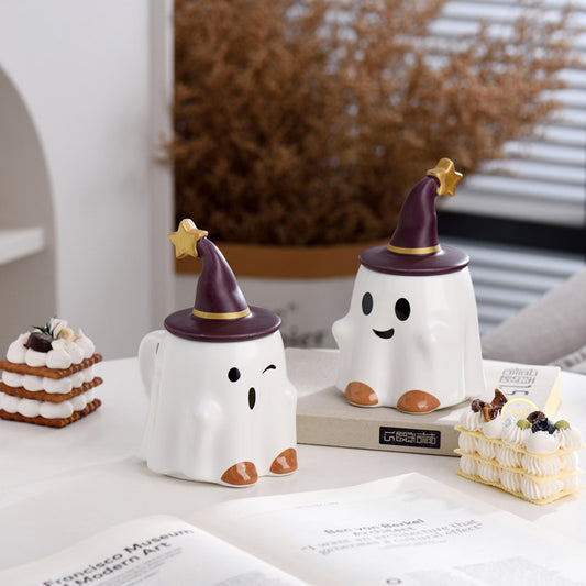 Cute Ghost Ceramic Mug with Wizard Hat Lid