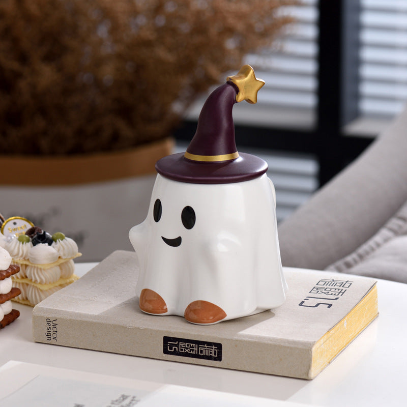 Cute Ghost Ceramic Mug with Wizard Hat Lid