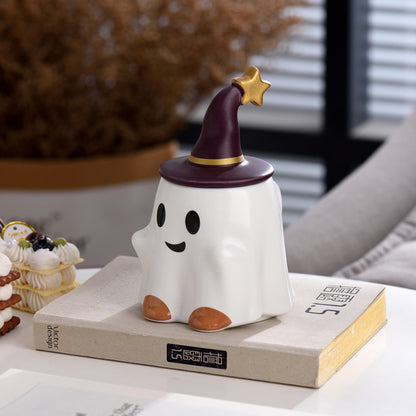 Cute Ghost Ceramic Mug with Wizard Hat Lid